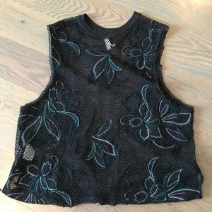 Free People mesh embroidered flower muscle tee